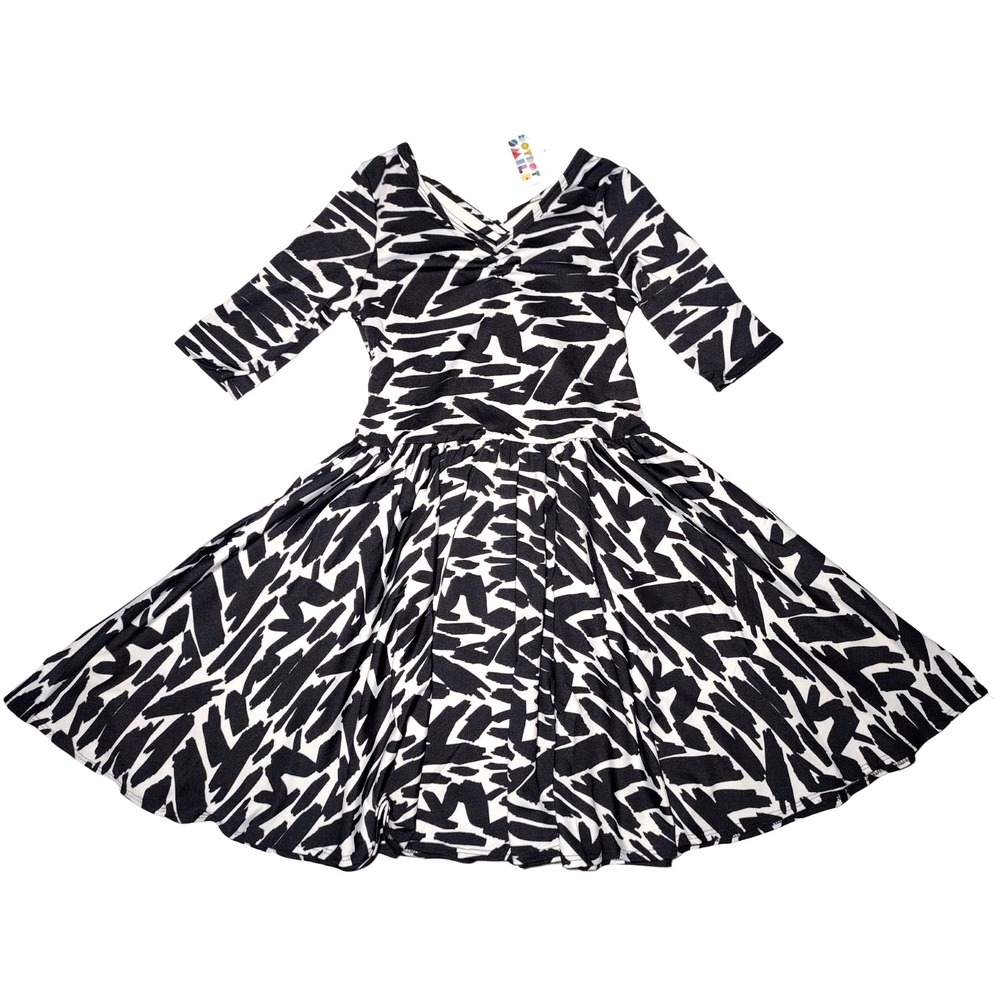 Dot Smile Girls 5 6 Black & White‎ Lines Ballerina Twirl Dress 3/4 Sleeve NWT